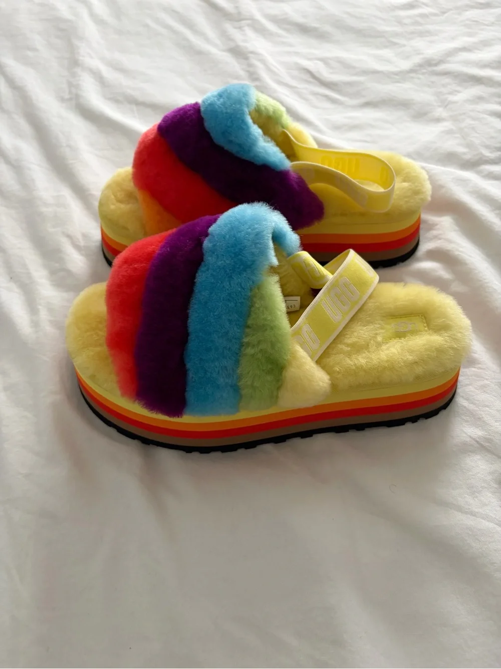 UGG Special Edition Pride Rainbow Disco Striped Platform Slippers Size 11 NEW